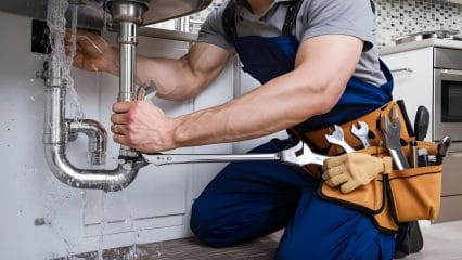 Plumber repairing pipes beneath a sink in Glendora
